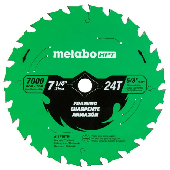Metabo HPT Circular Saw Framing Blade, 7-1/4-Inch, 24-Tooth, Industrial High Performance Tungsten Carbide, PTFE Coating, Laser-Cut Expansion Slots, 115757M