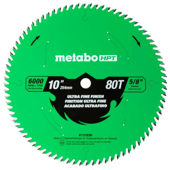 Metabo HPT 10-Inch Miter Saw/Table Saw Blade, Ultra Fine Finish, 80-Tooth, 5/8-Inch Arbor, Industrial High Performance Tungsten Carbide, PTFE Coating, Laser-Cut Expansion Slots, 115763M
