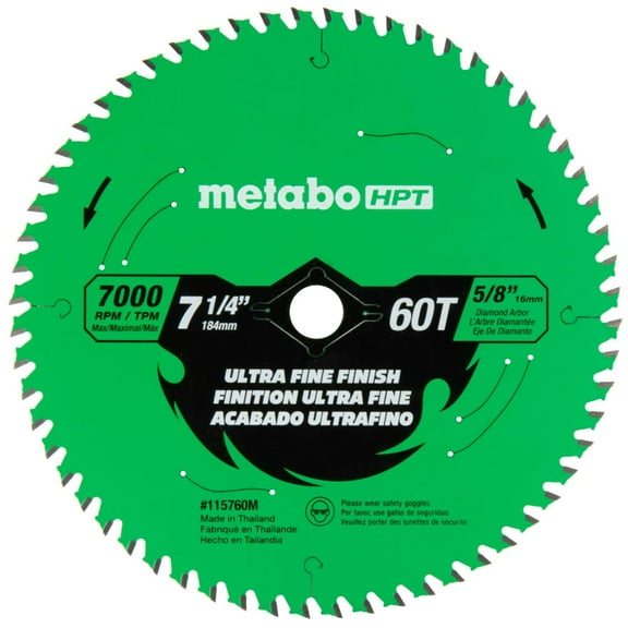Metabo HPT Circular Saw Ultra Fine Finish Blade, 7-1/4-Inch, 60-Tooth, Industrial High Performance Tungsten Carbide, PTFE Coating, Laser-Cut Expansion Slots, 115760M