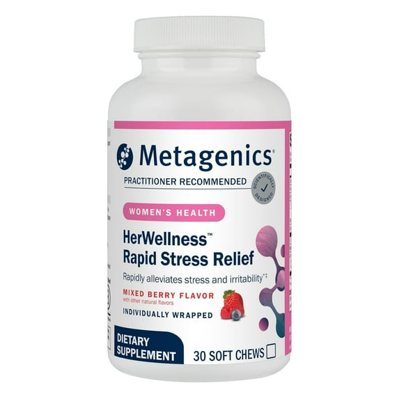 Metagenics HerWellness Rapid Stress Relief - Women's Stress Support Supplement with Saffron, L-Theanine & Vitamin B6* - Mixed Berry Flavor, 30 Soft Chews