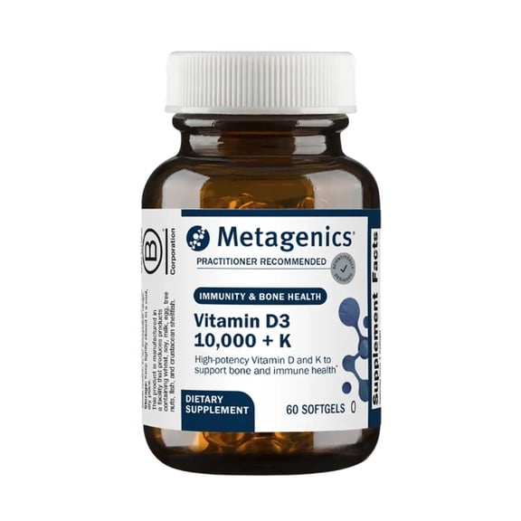 Metagenics Vitamin D3 + K - For Immune Support, Bone Health & Heart Health* - Vitamin D with MK-7 (Vitamin K2) - Non-GMO - Gluten-Free - 60 Softgels - 10,000 IU