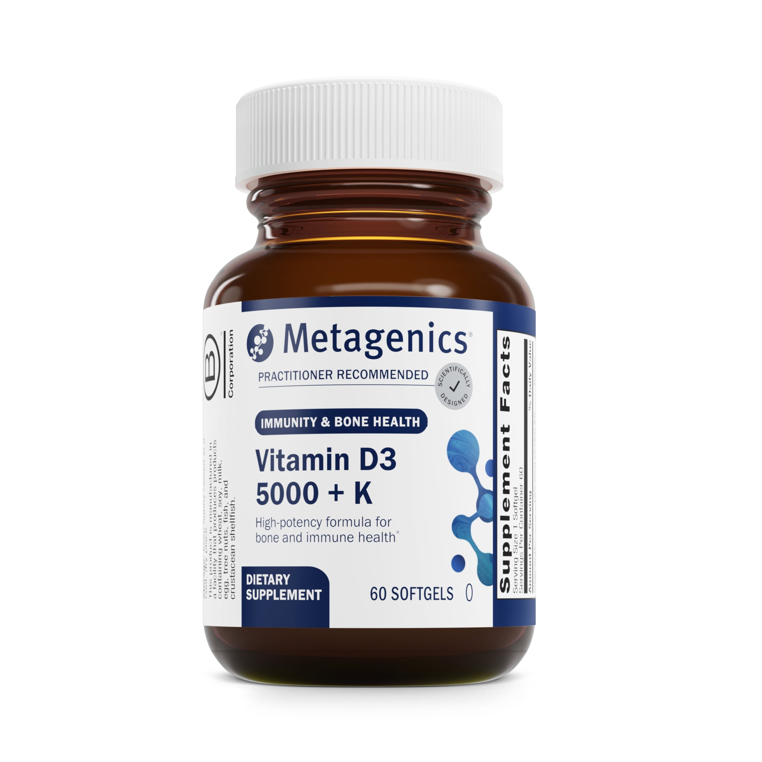 Metagenics Vitamin D3 + K - for Immune Support, Bone Health & Heart Health* - Vitamin D with MK-7 (Vitamin K2) - Non-GMO - Gluten-Free - 60 Softgels - 5,000 IU