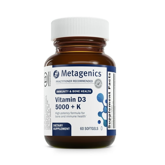 Metagenics Vitamin D3 + K - for Immune Support, Bone Health & Heart Health* - Vitamin D with MK-7 (Vitamin K2) - Non-GMO - Gluten-Free - 60 Softgels - 5,000 IU