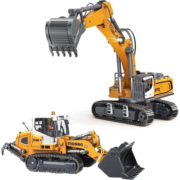 Metal 1:50 RC Excavator & Loader Set, Screw-Driven Excavator & Lever-Driven Loader, Includes 2 Batteries & Carrying Case for Hobbyists and Kids