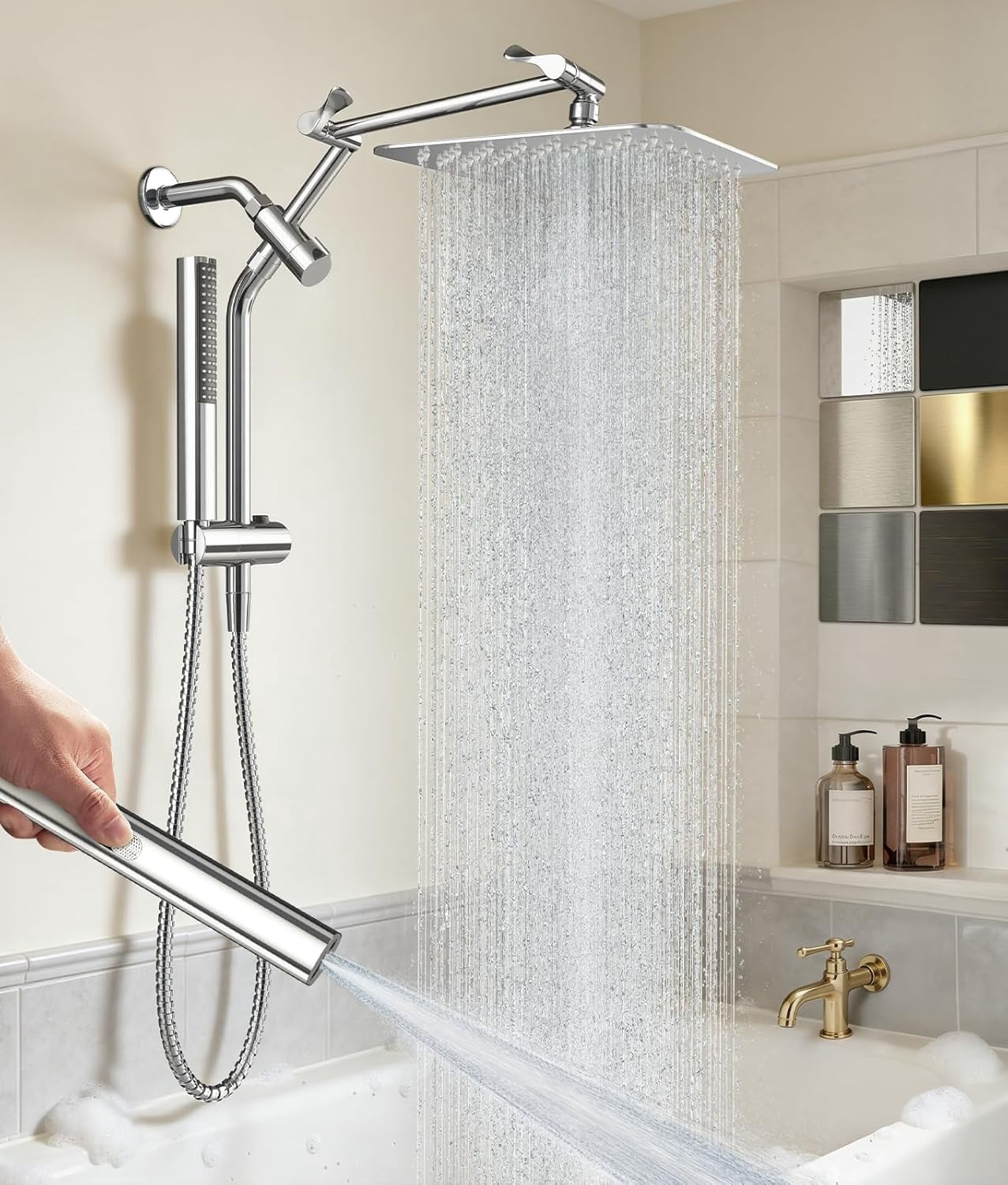 Metal 10" Shower Head with Handheld, Luxurious Square Double Rain Shower Heads,Power Wash Wand,Dual High Pressure Detachable Rainf Showerhead with Spray Combo,Extension Arm,Chrome,Sliver