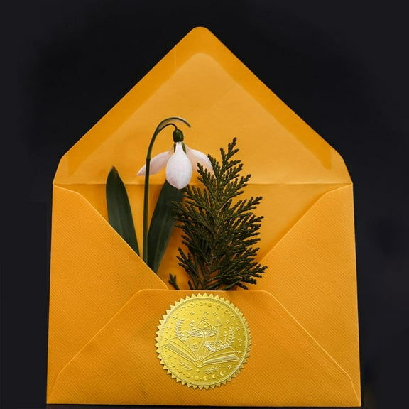 Metal 100Pcs Magic Book Gold Embossed Envelope Seals 2 Inch Mushrooms Adhesive Certificate Seals Stickers Round Embossed Foil Seals Labels for Birthday Wedding Invitations Envelopes Greeting Cards