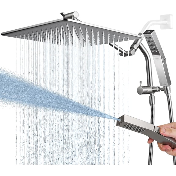 All Metal 12 Inch Rain Shower Head with Power Wash Mode Handheld Spray Combo, Pause Setting 3-way Diverter, Full Body Coverage Waterfall Showerhead, Luxury Bathroom Upgrade (Brushed Nickel)