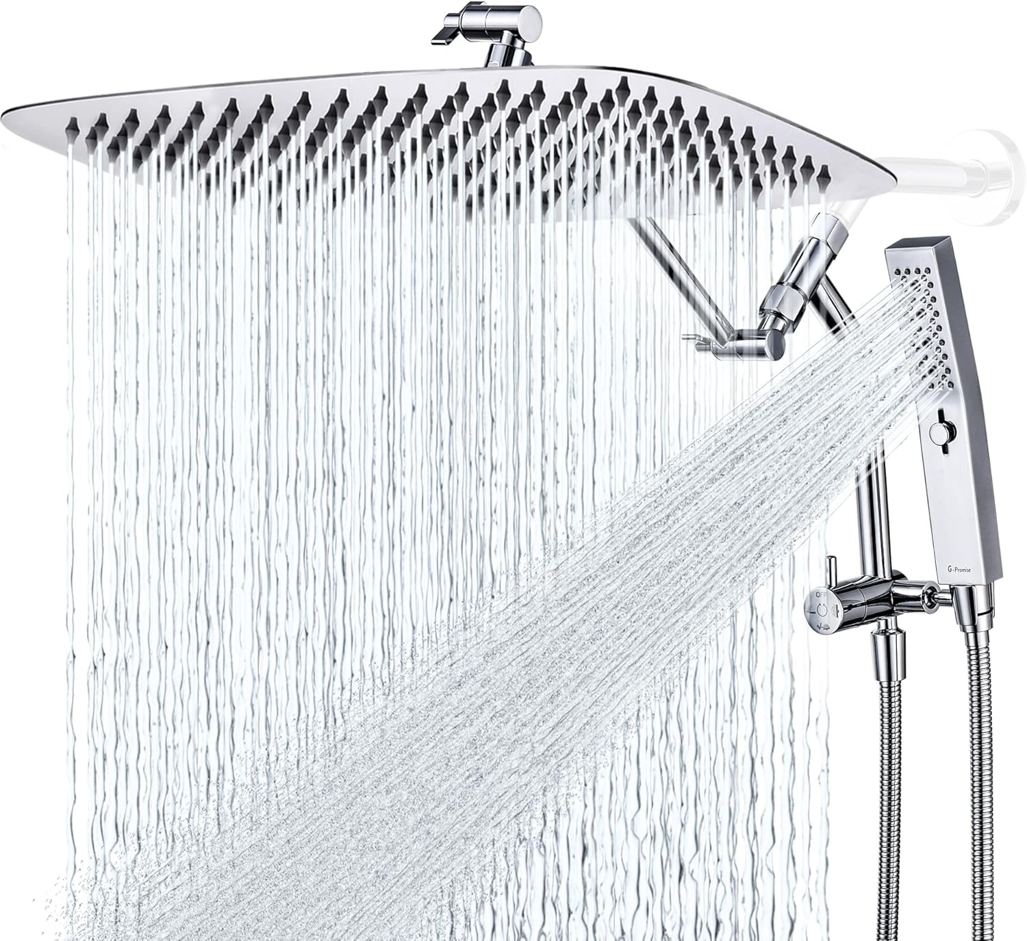 Metal 16 Inch Shower Head with Massage Mode Handheld, Rain Shower Head with Handheld Spray Combo, 3-Way Diverter with Pause Setting, 12 Inch Adjustable Extension Arm (Chrome)