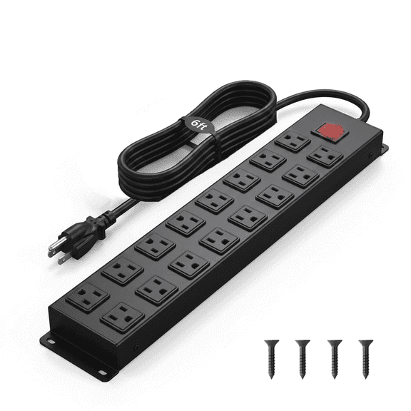VILONG  Heavy Duty Power Strip  Surge Protector 16 Outlet Wall Mount Black Metal 1200J/1875W 6 ft  Cord ETL Certified for Garage & Office