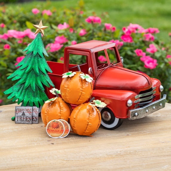 Metal 18.5" Long Multi-Seasonal Christmas and Harvest Pickup Truck with Metal Tree, Pumpkins, and Matching Side-Magnet Sets…