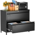 thumbnail image 1 of Metal 2 Drawer Lateral File Cabinet with Lock & Adjustable Feet - Wide Filing Cabinet for Letter/Legal/F4/A4 Hanging Files - Includes Business Card Holder,Home Office School Storage,Black, 1 of 17