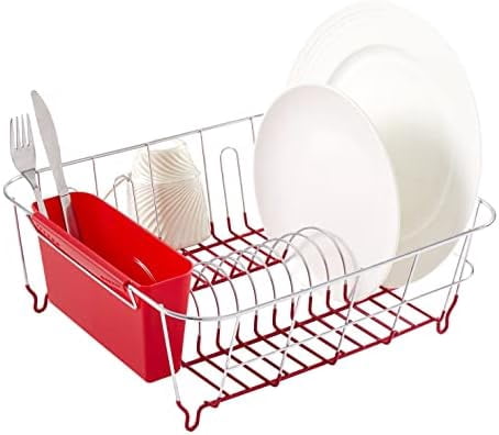 Metal 2 Piece Dish Drying Rack Set Drainer with Utensil Holder Simple Easy to Use Fits in Most Sinks, 14.5" x 13" x 5.25", Red