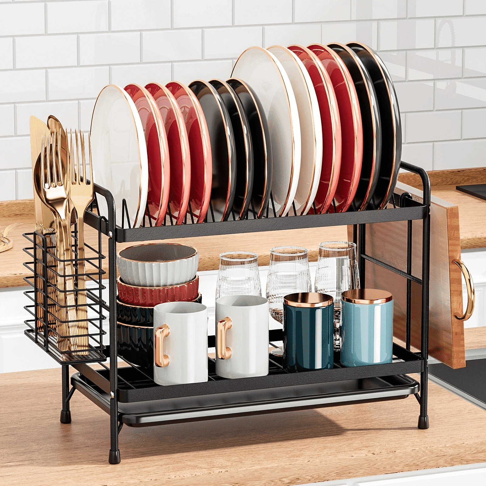 ​MAROAUO Dish Drying Rack 2-Tier Square with Utensil Holder and Drain Board, Sink Organizer, Kitchen Sink Dish Drainer, Black, 1pc, Standard Size​