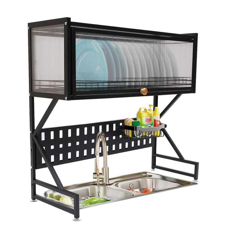 Metal 2 Tier Drainable Dish Drying Rack Kitchen Black Drainer Storage Holder Over Sink Bowl Organiser Rack Tableware Storage Organiser