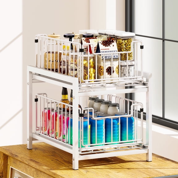 Metal 2 Tier Under Sink Organizer, Sliding Basket Drawer Storage Rack with Shelf for Kitchen & Bathroom, White