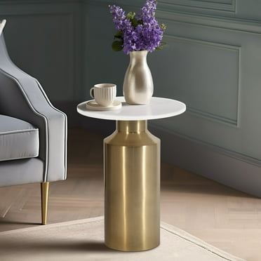 Metal 22"H Marble Top Side Table with Gold Cylinder Base for Modern and Contemporary Accent Display in Living Room or Bedroom Decor