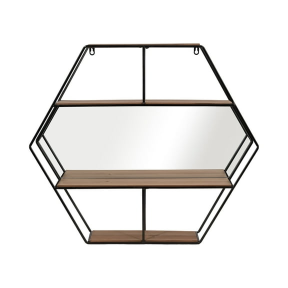 Metal 24" Hexagon Wall Shelf with Mirror, Brown 23.6"H - 26.8" x 5.9" x 23.6"