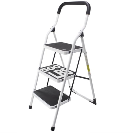 Metal 3 Step Stool Ladder Foldable with Non Slip Ergonomic Handle & Platform - Heavy Duty, Lightweight, Compact & Collapsible Steel Safety Kitchen Step Stool - 45" Height