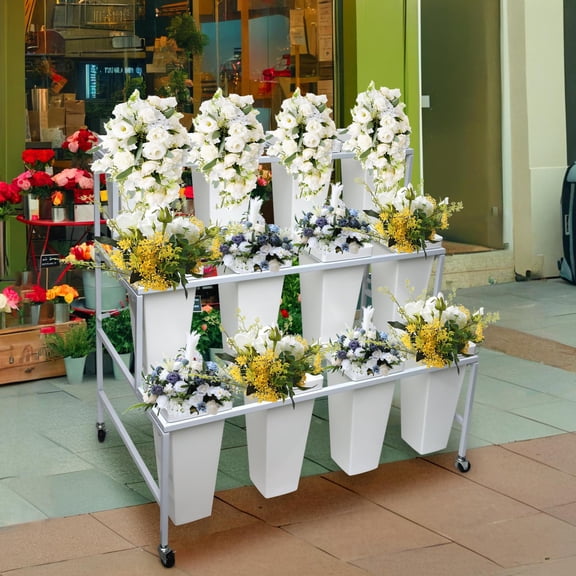 Metal 3-Tier Flower Stand , Heavy Duty  Flower Rack  Movable with Wheels,  for Garden and Home Decoration
