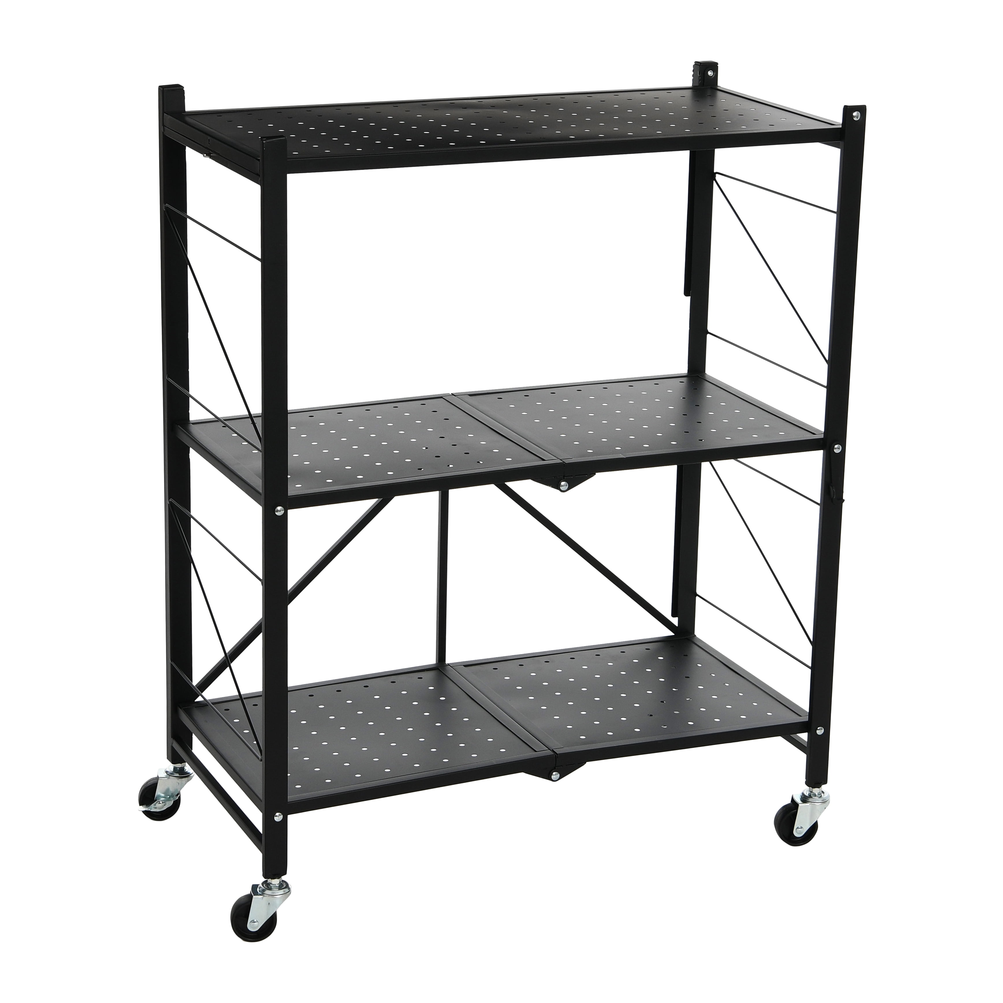 Black Metal 3-Tier Foldable Utility Rack with Wheels