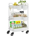 thumbnail image 1 of Metal 3 Tier Rolling Cart - Heavy Duty Utility Cart with Lockable Wheels, Hanging Cups, Hooks, Mesh Rolling Storage Cart Craft Cart Organizer, Lightweight and Sturdy, White, 1 of 17