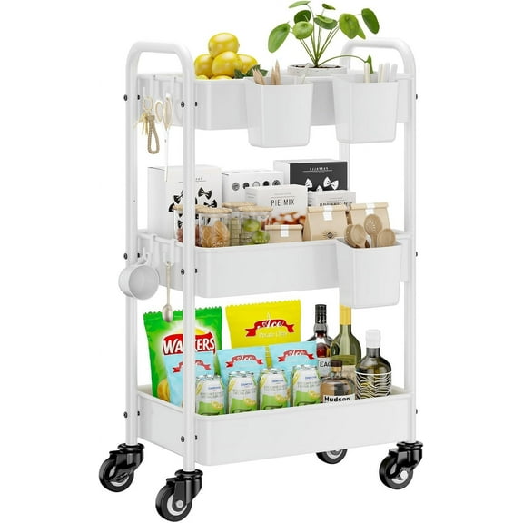 Metal 3 Tier Rolling Cart - Heavy Duty Utility Cart with Lockable Wheels, Hanging Cups, Hooks, Mesh Rolling Storage Cart Craft Cart Organizer, Lightweight and Sturdy, White