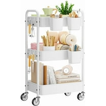3 Tier Rolling Cart - Metal Utility Cart with Wheels, Hanging Cups, Hooks, Heavy Duty Mesh Rolling Storage Cart Organizer, Craft Cart for Kitchen Office, Lightweight and Sturdy