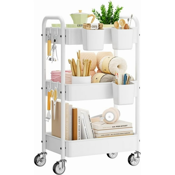 3 Tier Rolling Cart - Metal Utility Cart with Wheels, Hanging Cups, Hooks, Heavy Duty Mesh Rolling Storage Cart Organizer, Craft Cart for Kitchen Office, Lightweight and Sturdy