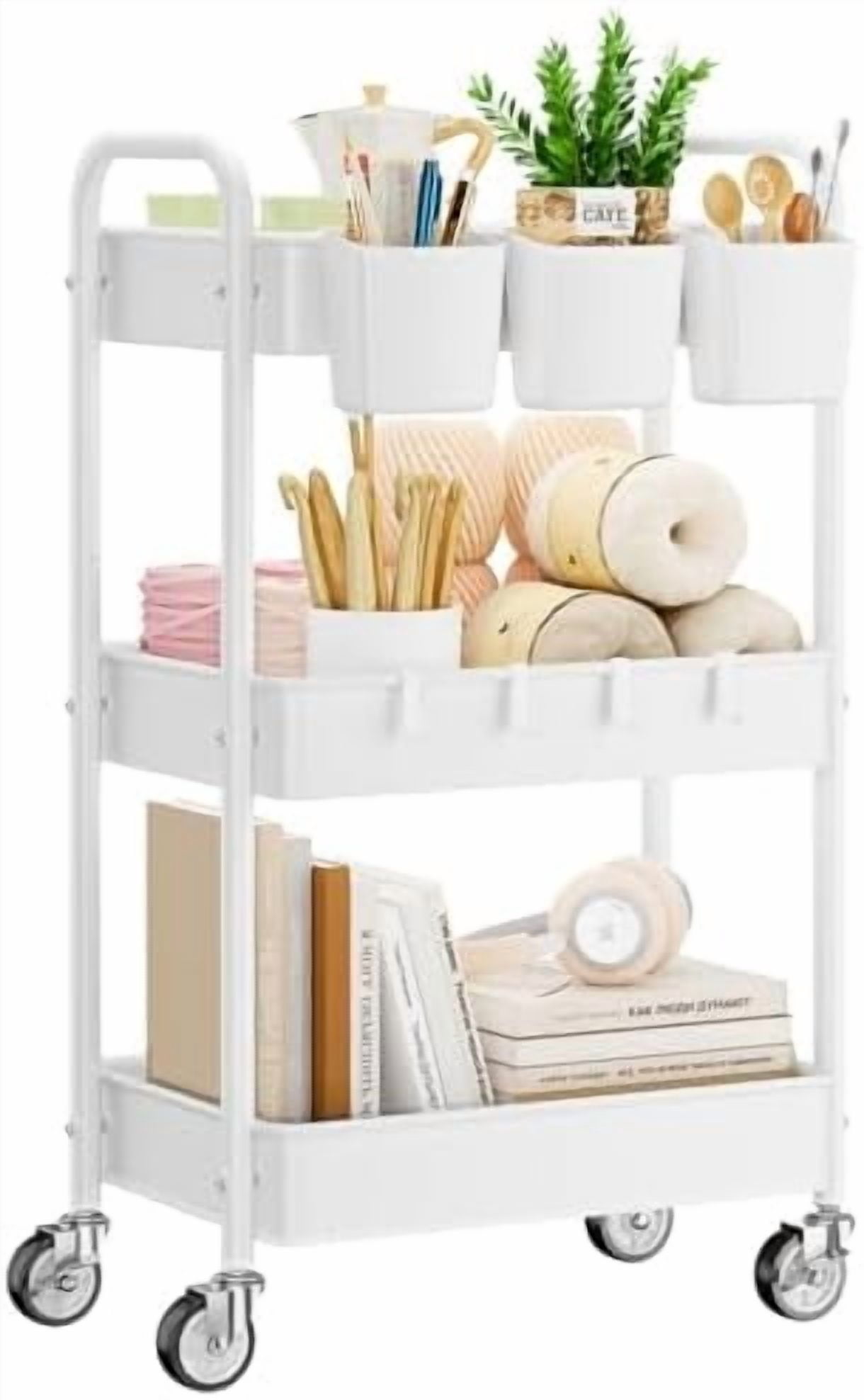 Metal 3 Tier Rolling Cart - Heavy Duty Utility Cart with Lockable Wheels, Hanging Cups, Hooks, Mesh Rolling Storage Cart Craft Cart Organizer, Lightweight and Sturdy, White