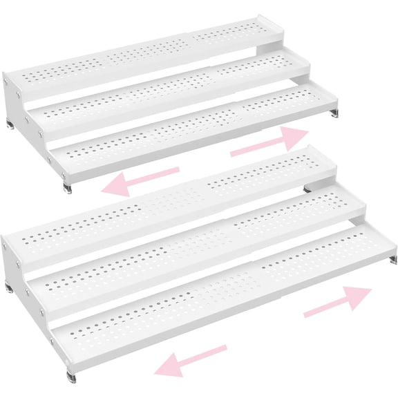 Metal 3-Tier Step Can Organizer for Kitchen Counter, Expandable 12.8 to 24 Inches, White with Holes, 2-Pack