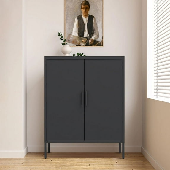 Metal 3 Tier Storage Cabinet, Storage Cabinet with 2 Doors and 2 Adjustable Shelves, Steel Lockable Garage Storage Cabinet Metal File Cabinet for Home, Office, School, Gym, Black