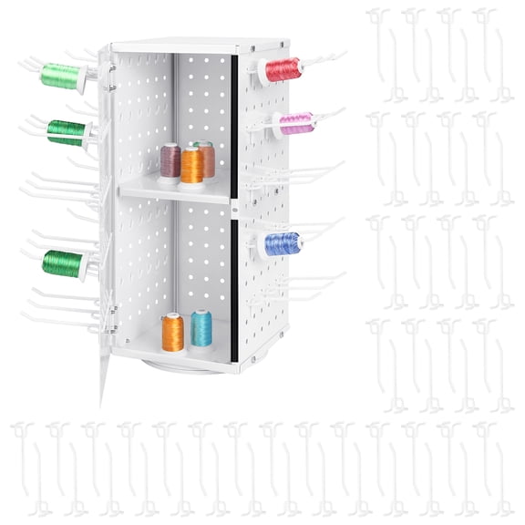 Metal 360° Rotating Thread Rack with 60 Peg Hooks - Detachable Thread Spool Holder Organizer with Inner Storage Compartments for Sewing, Embroidery, Quilting and Jewelry Display (White)