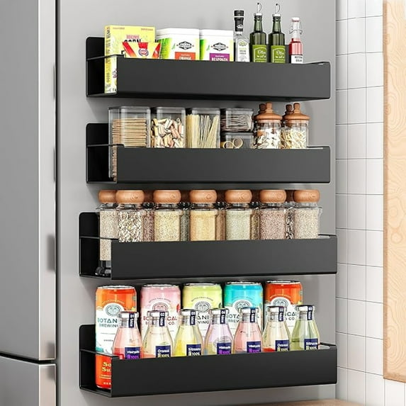 Metal 4 Pack Magnetic Spice Storage Rack Organizer for Refrigerator and Oven, Black Fridge Organizers and Storage