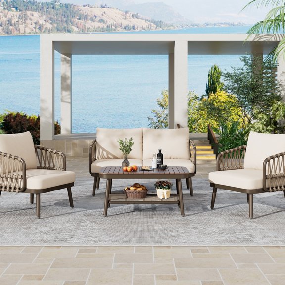 Metal 4-Piece Set - Ergonomic Backrest and High-Density Cushions - Garden Socializing - Rust-Resistant Finish