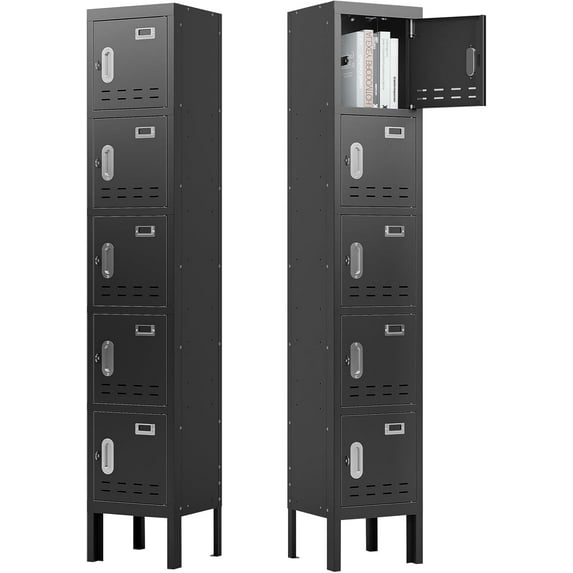 Metal 5-Door Locker, 66" Storage Cabinet for Employees, School, Gym, Home Office & Garage (Black)