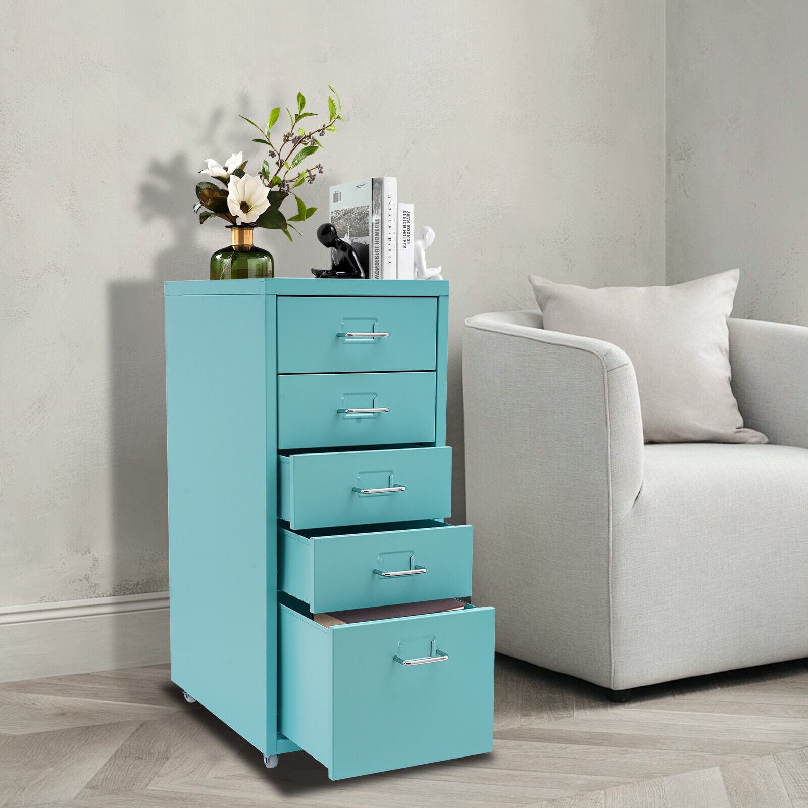Metal  5-Drawer File Storage Cabinet with Wheels, Blue 11*16.1*27.1in