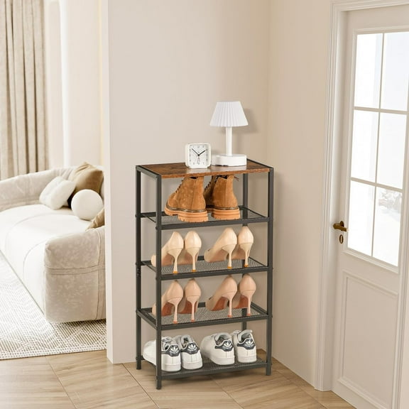 Metal 5 Tier Shoe Rack for Front Door Entrance, Entryway, and Closet Shoe Organizer with 4 Sturdy Metal Mesh Shelves and Wooden Top, Holds 10 Pairs, Ideal for Storage or Display