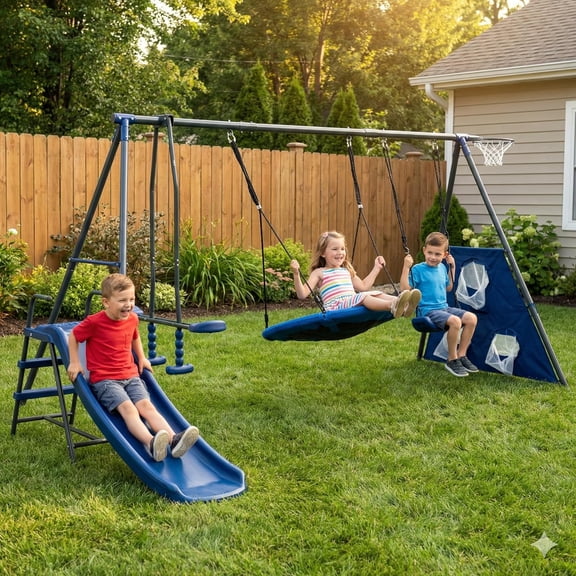 Metal 6 in 1 Swing Set for Kids, Playground with Basketball Hoop & Football net, Seesaw & 3.28ft Slide Durable Steel Frame, Outdoor Backyard Playset, Swing Sets for Backyard (Blue)