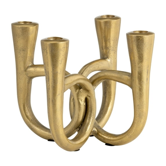 Metal, 7" French Horn 4Taper Candleholder, Gold, Novelty, 7"H, Solid Color - 8" x 8" x 7"
