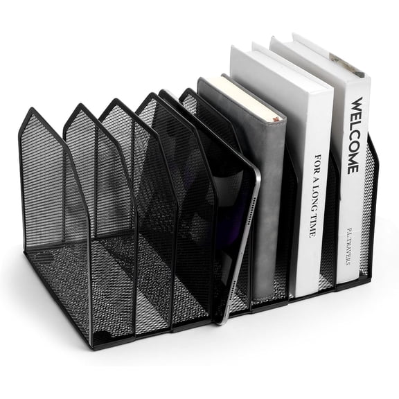 Metal 7-Section File Folder Organizer & Upright File Sorter Holder | Heavy-Duty Mesh Desktop Document Holder for Books, Binders, Laptops | Black Desk Organizer (13"L x 8.5"W x 7.9"H)