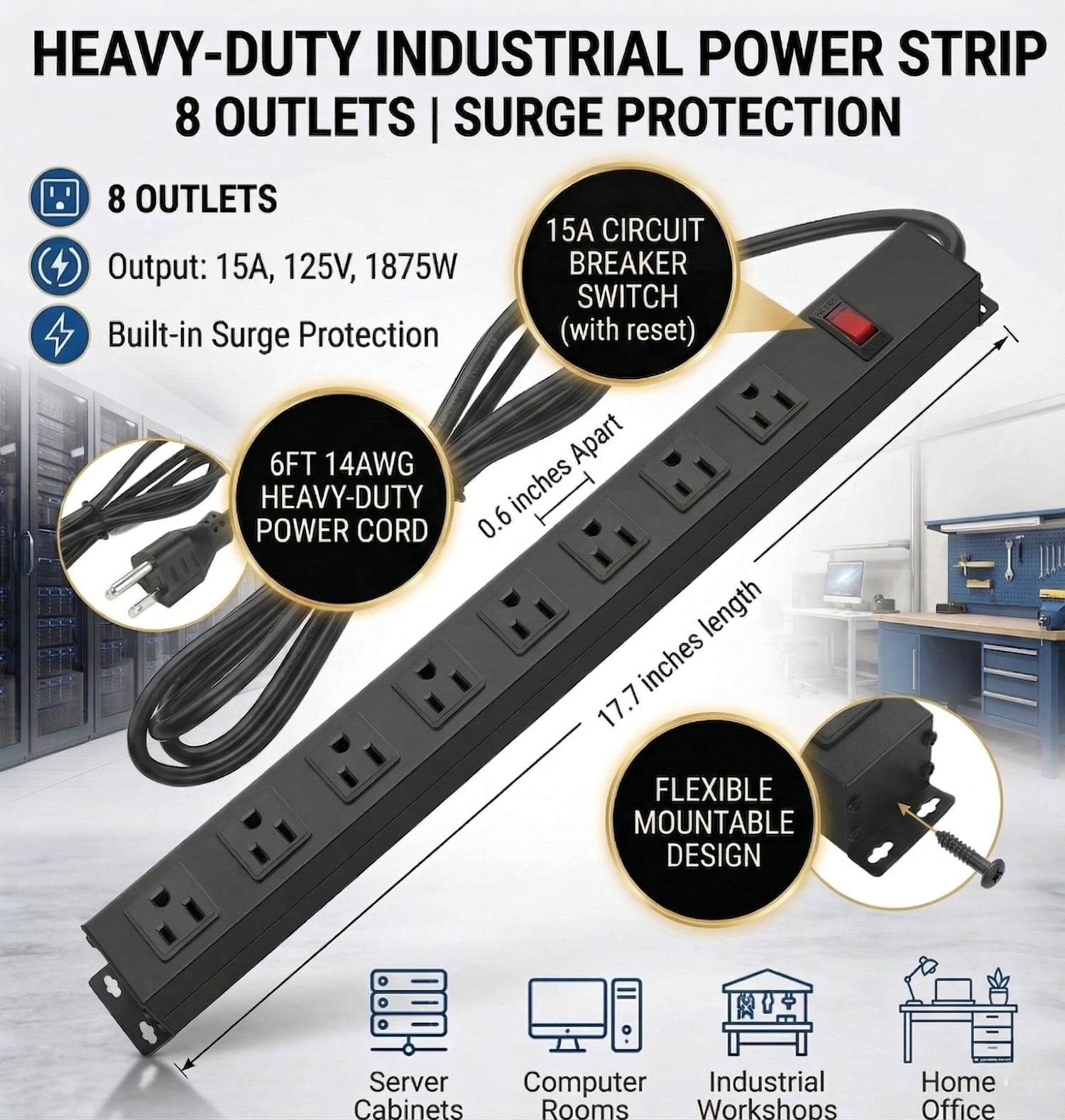 Metal 8 Outlet Mountable Power Strip with Surge Protector, Wall Mount Heavy Duty Wide Spaced Outlets with Switch, 15A 125V 1875W, 6 FT 14AWG Cord, Black