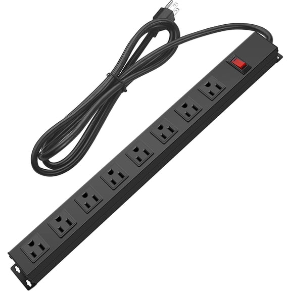Metal 8 Outlet Mountable Power Strip, Wall Mount Outlet Heavy Duty, Wide Spaced Commercial Shop Power Strip with Switch, 15A 125V 1875W, 6 FT SJT 14AWG Power Cord.(Black)