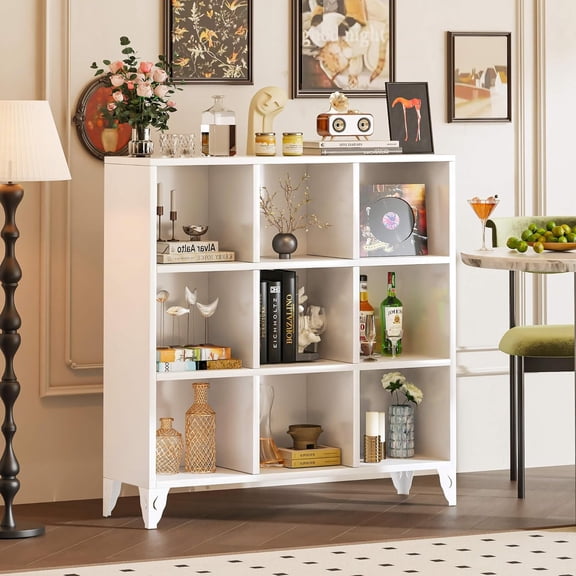 Metal 9 Cube Storage Organizer, Heavy-Duty Large Cube Shelf Bookcase with Legs, Waterproof Modern Cubby Bookshelf TV Stand for Home Office Living Room - White