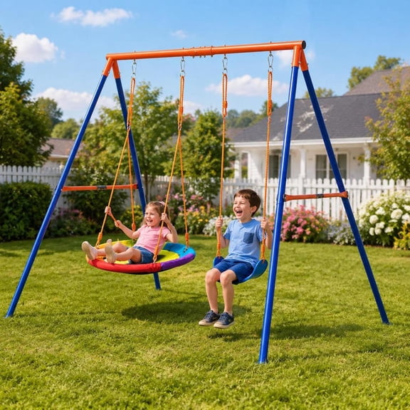 Metal A-Frame Swing Set, heavy duty, 440lb load capacity, includes saucer swing and belt swing, for backyard use