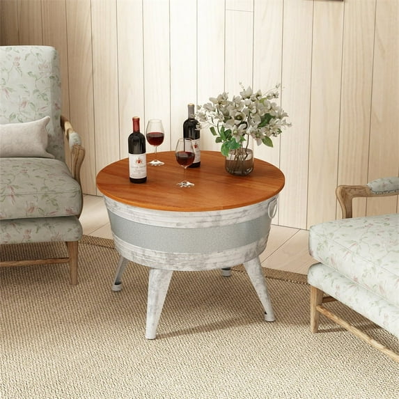 Metal Accent Side Table with Wood Top, Farmhouse Rustic Distressed Metal Cocktail Table, Galvanized Bucket Storage Metal Bin with Lid for Living Room Bedroom or Bar, Antique White