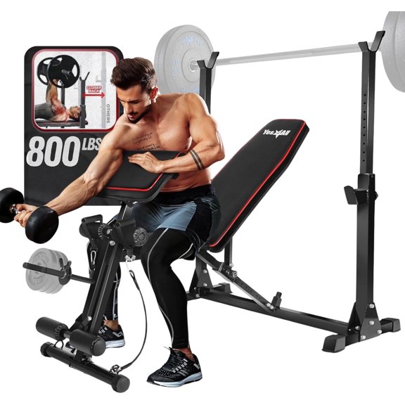 Yes4All Adjustable Weight Bench with Rack, 800lbs Workout Bench Press with Leg Extension, Preacher Curl Pad & Resistance Bands for Home Gym