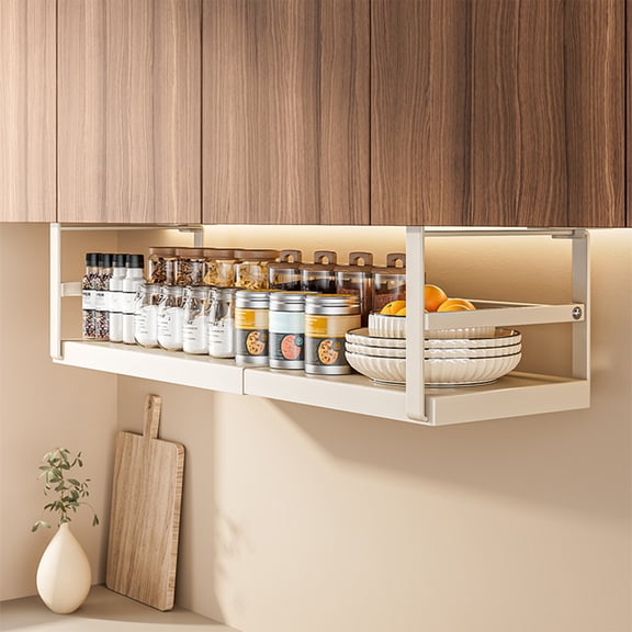 Metal Adjustable Under Shelf Basket - Space Saving Cabinet Organizer for Kitchen & Bathroom, White, 10.63"-17.71" Wide