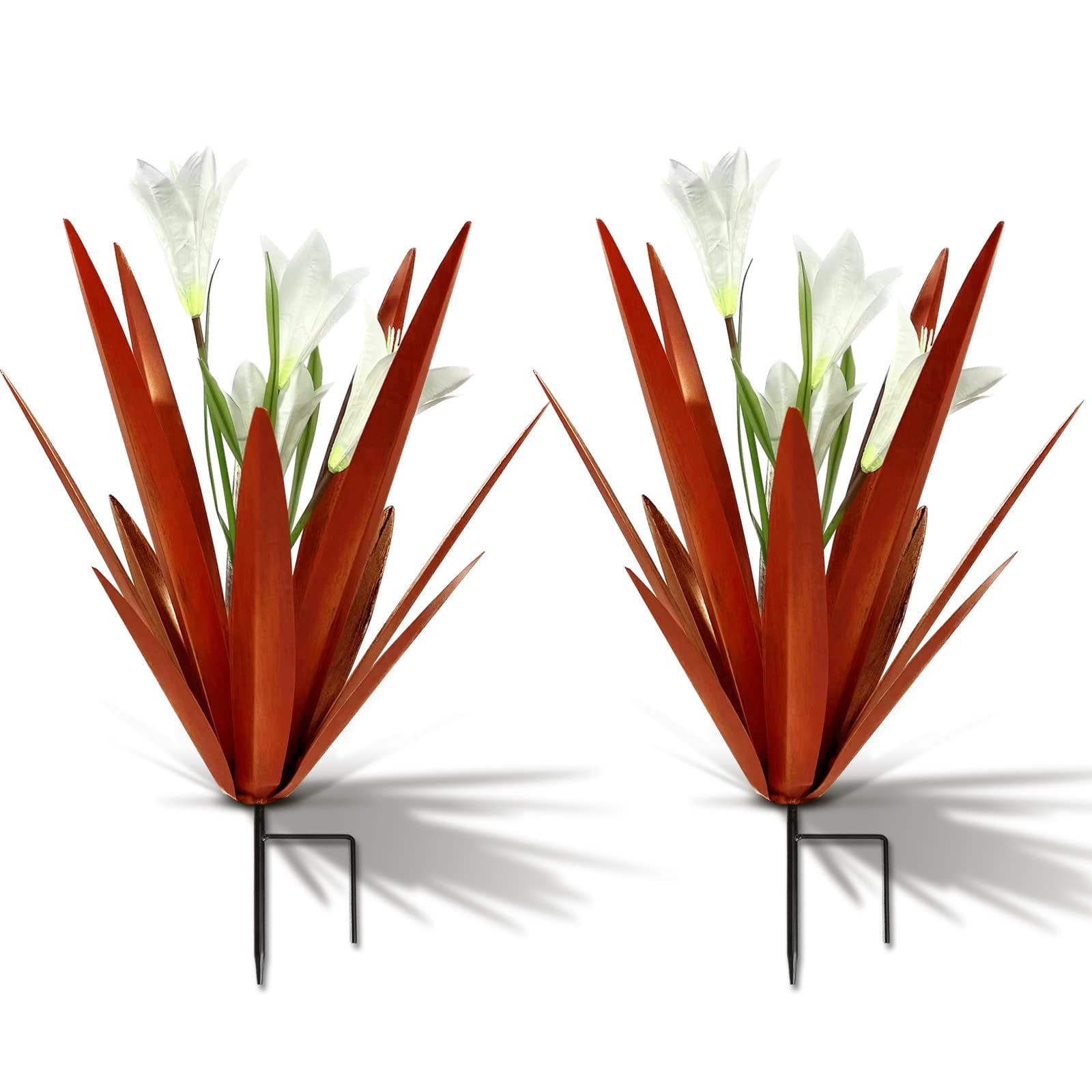 Metal Agave Plant Outdoor Decoration Lily Mexican Yard Art Garden Gift Home Decor Hand Painted Metal Agave Garden Yard Statue, Outdoor Lawn Ornaments (2 Big Red Lilies)