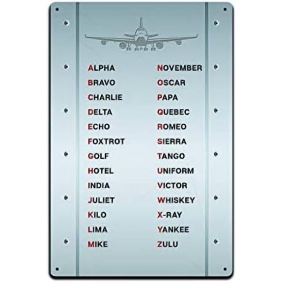 Metal Airplane Pilot Decor Tin Sign 12 x 8 In. NATO Phonetic Alphabet Alpha Bravo Charlie Delta Echo