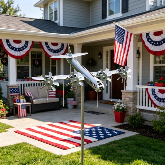 Metal Airplane Wind Spinner Stake,Rotatable Propeller,Rust-Resistant Iron,Easy Install Ground Pole,Aircraft Weathervane Sculpture for Yard,Garden,Lawn,Outdoor Decor and Aviation Themed Ornaments